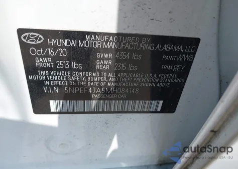 2021 Hyundai Sonata Sel из США, поврежденный, VIN 5NPEF4JA5MH084148